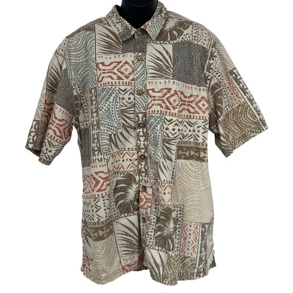 Kahala Mens Hawaiian Button-Up Shirt Large Brown Red Blue Aloha Tropical EUC - Picture 1 of 8